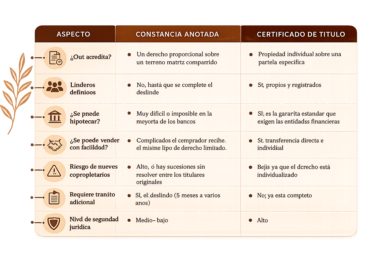 Tabla comparativa que muestra las diferencias entre una Constancia Anotada y un Certificado de Título en República Dominicana en aspectos como propiedad, hipoteca, venta y seguridad jurídica.