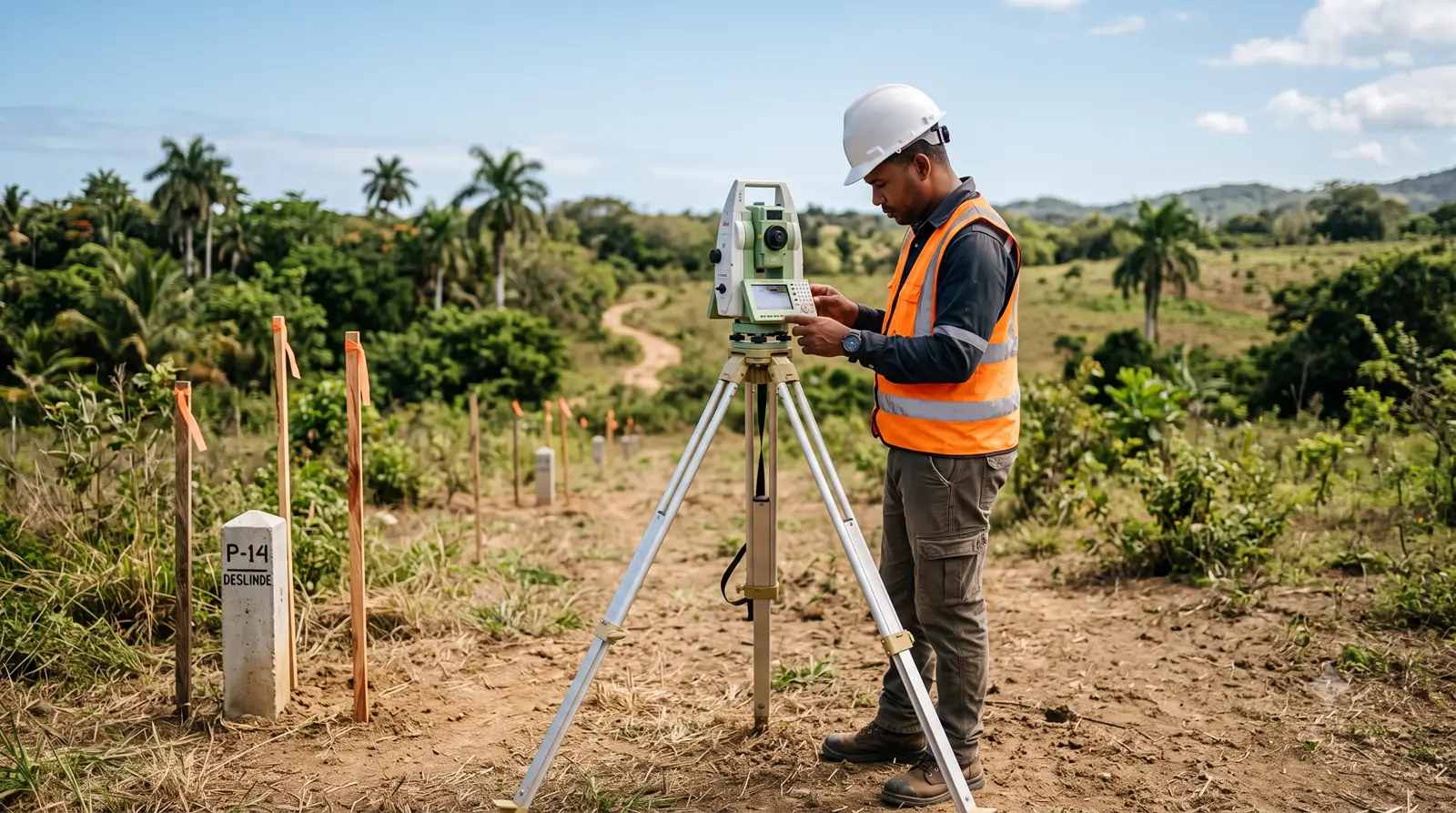Agrimensor realizando el levantamiento de un deslinde de terreno en República Dominicana