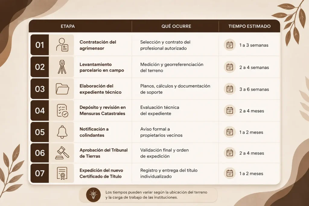 Infografía con las etapas del proceso de deslinde en República Dominicana, desde la contratación del agrimensor hasta la expedición del nuevo certificado de título.