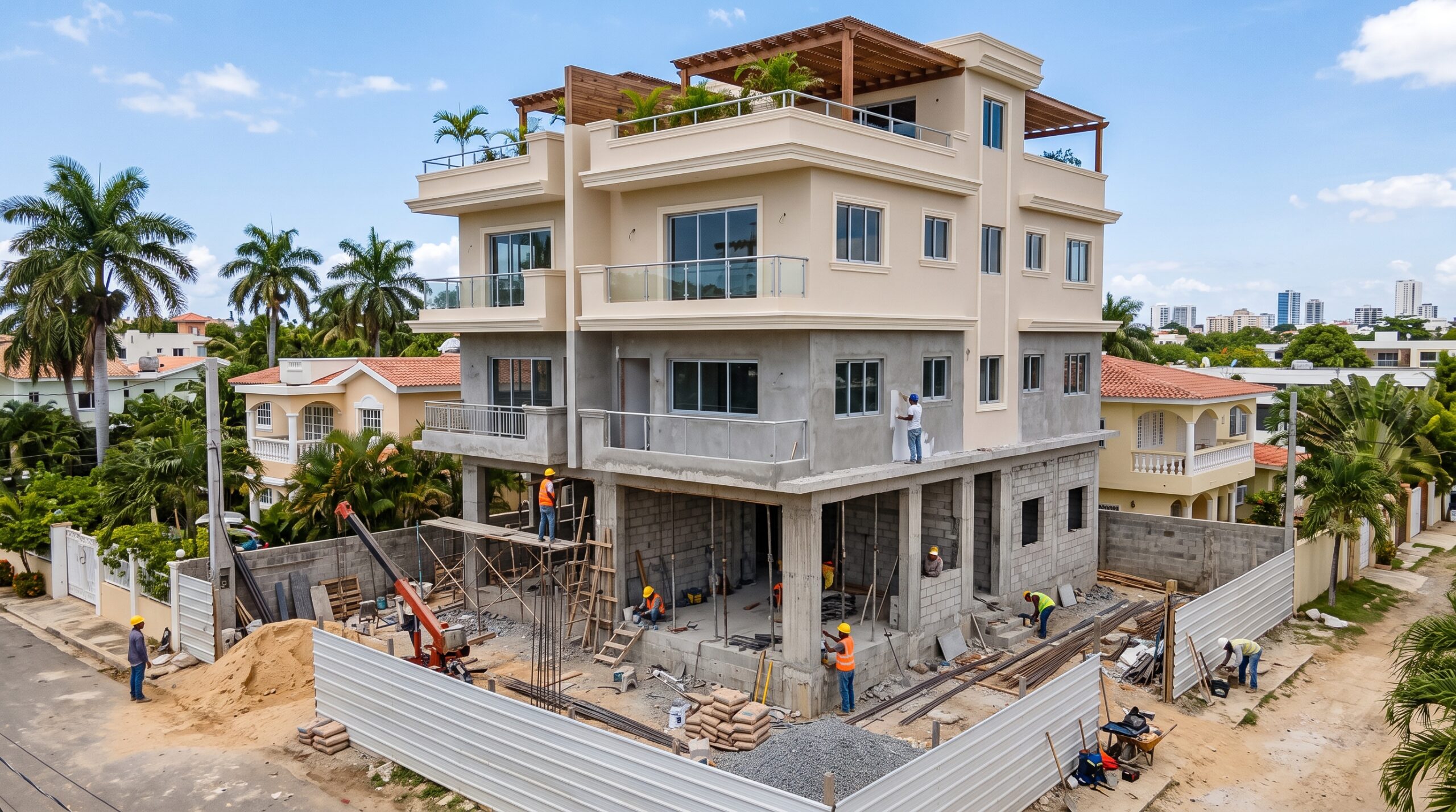Obra de construcción residencial ilustrando el costo del metro cuadrado en República Dominicana