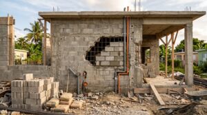 Vivienda en construcción mostrando un error común corregido durante la obra en República Dominicana