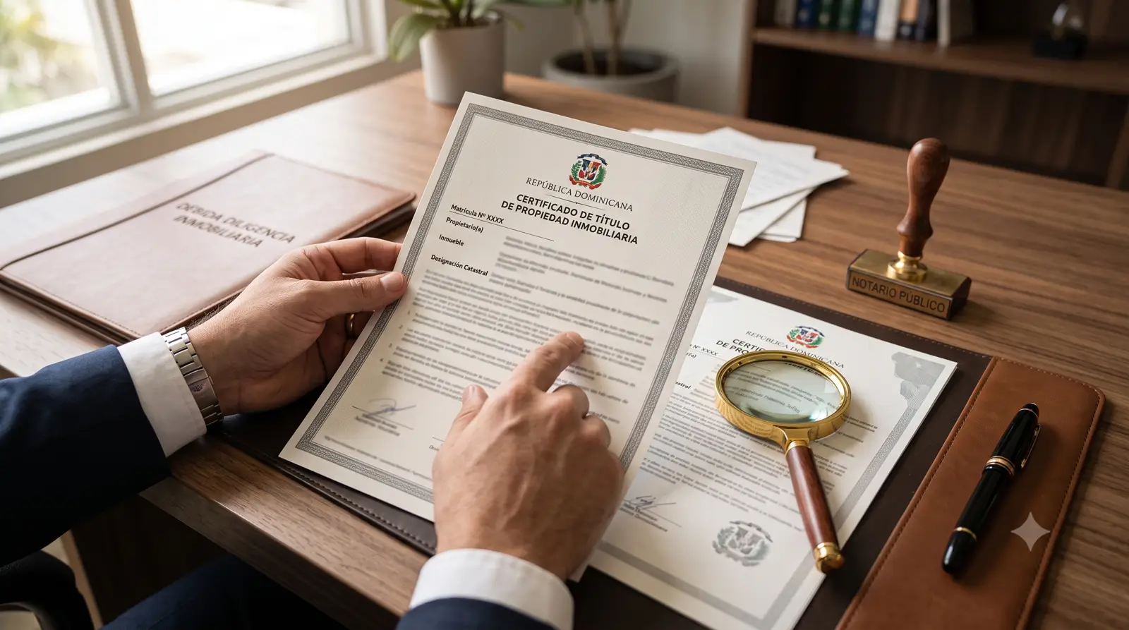 Persona verificando el certificado de título de una propiedad antes de comprar un inmueble en República Dominicana.