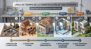 Timeline de las etapas mensuales de una construcción residencial en República Dominicana