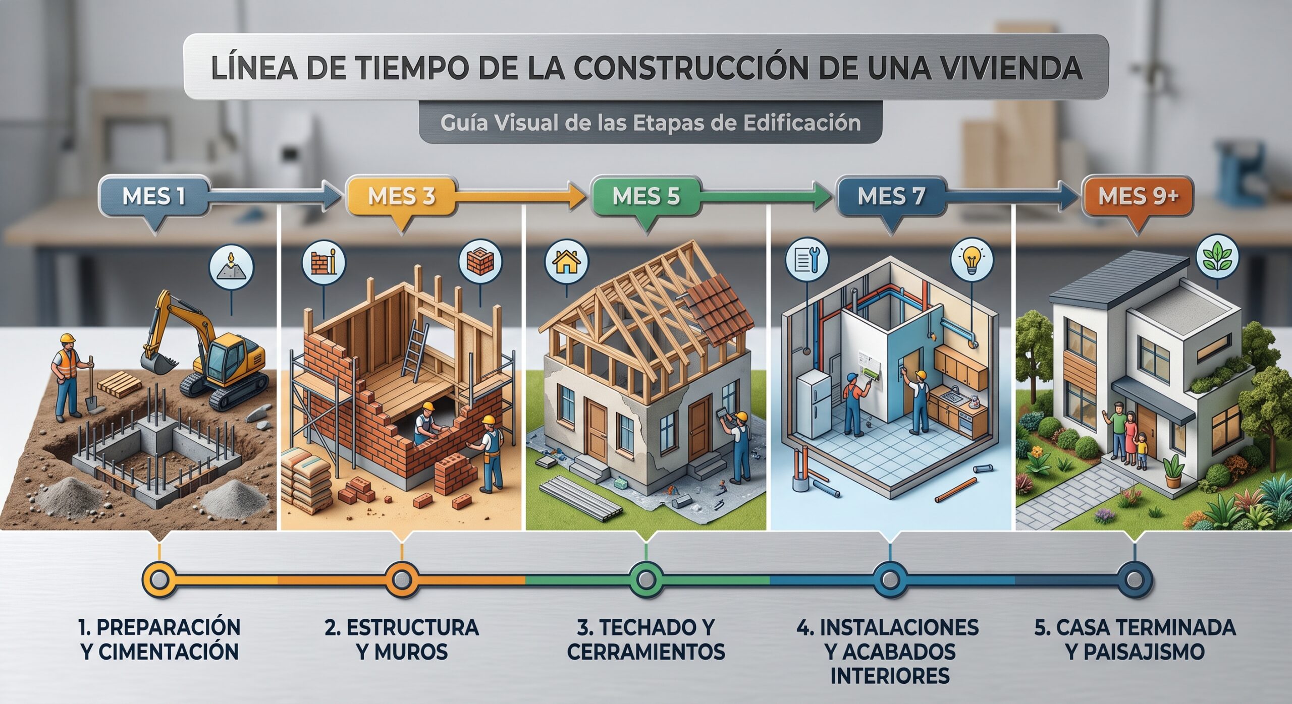 Timeline de las etapas mensuales de una construcción residencial en República Dominicana