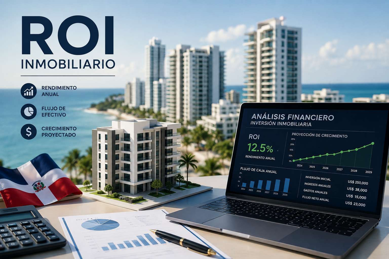 Cálculo del ROI de una inversión inmobiliaria en República Dominicana con gráfico financiero